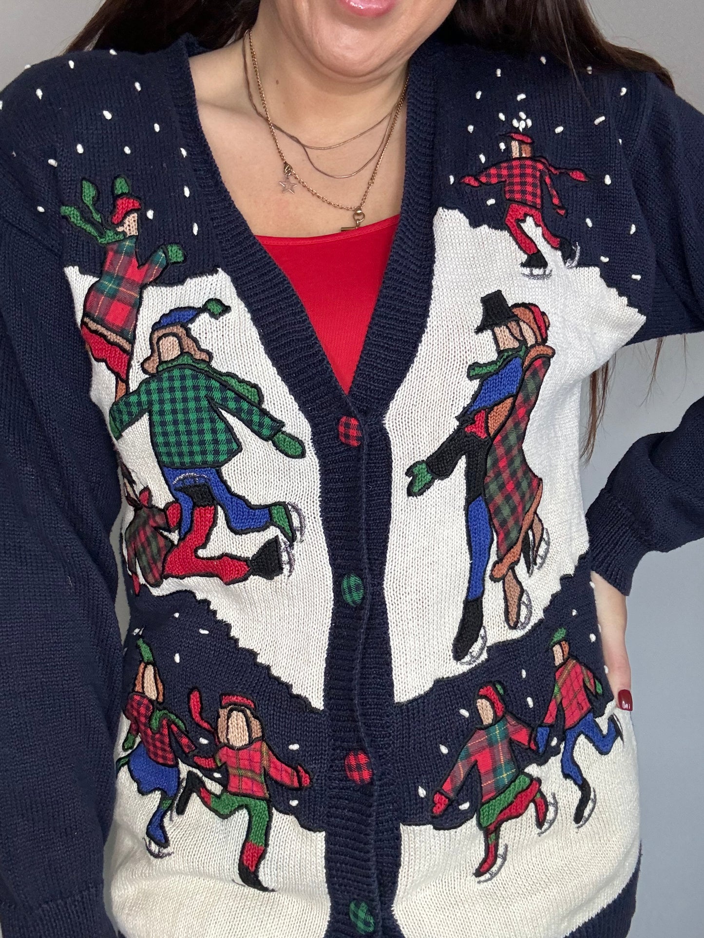 Susan Bristol 1992 rare Vintage Christmas knitted cardigan with ice skating Christmas scene and tartan design