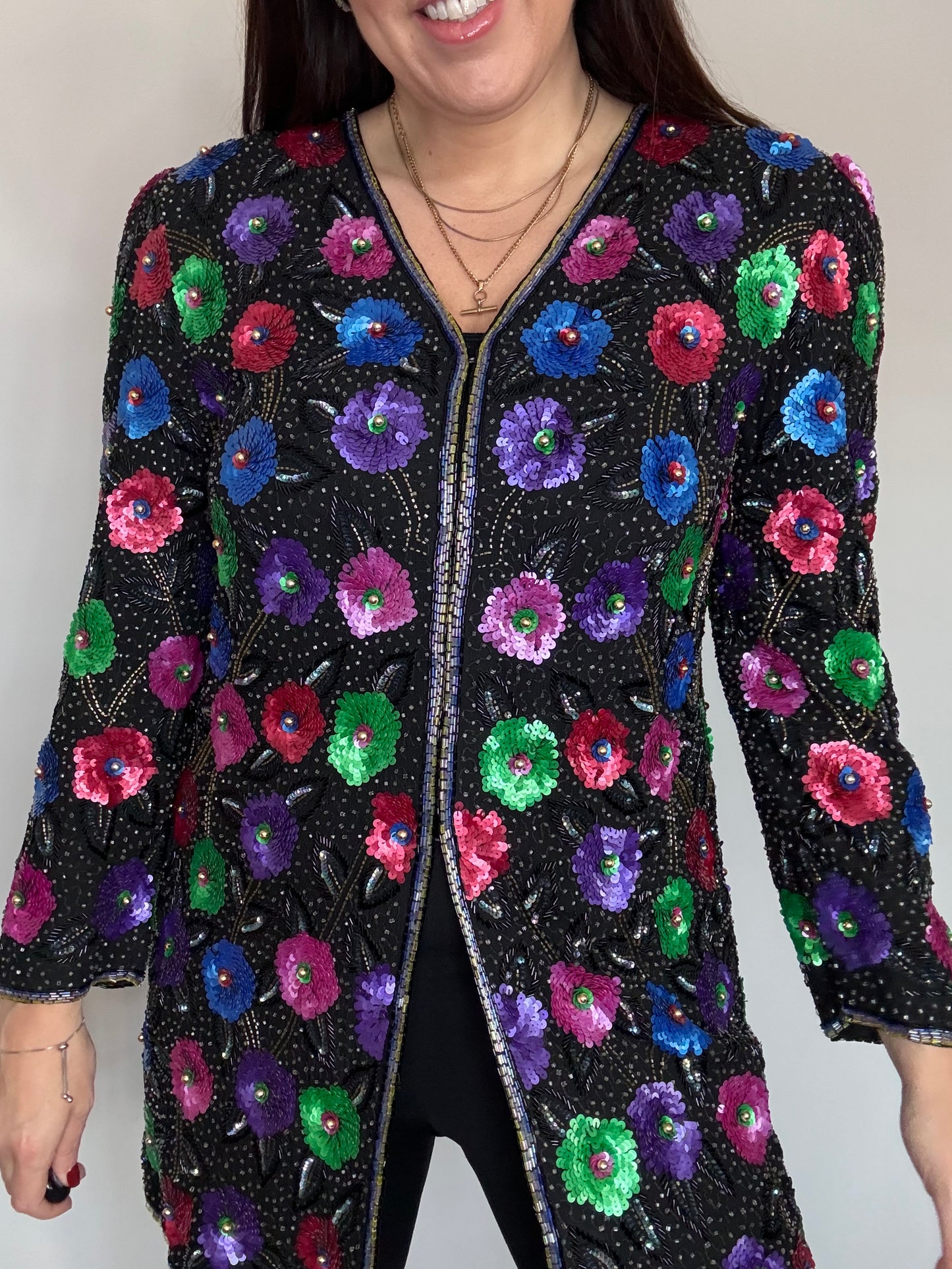 Frank Usher Heavily Beaded Longline Sequin Jacket – Rare Hand Beaded Floral Design