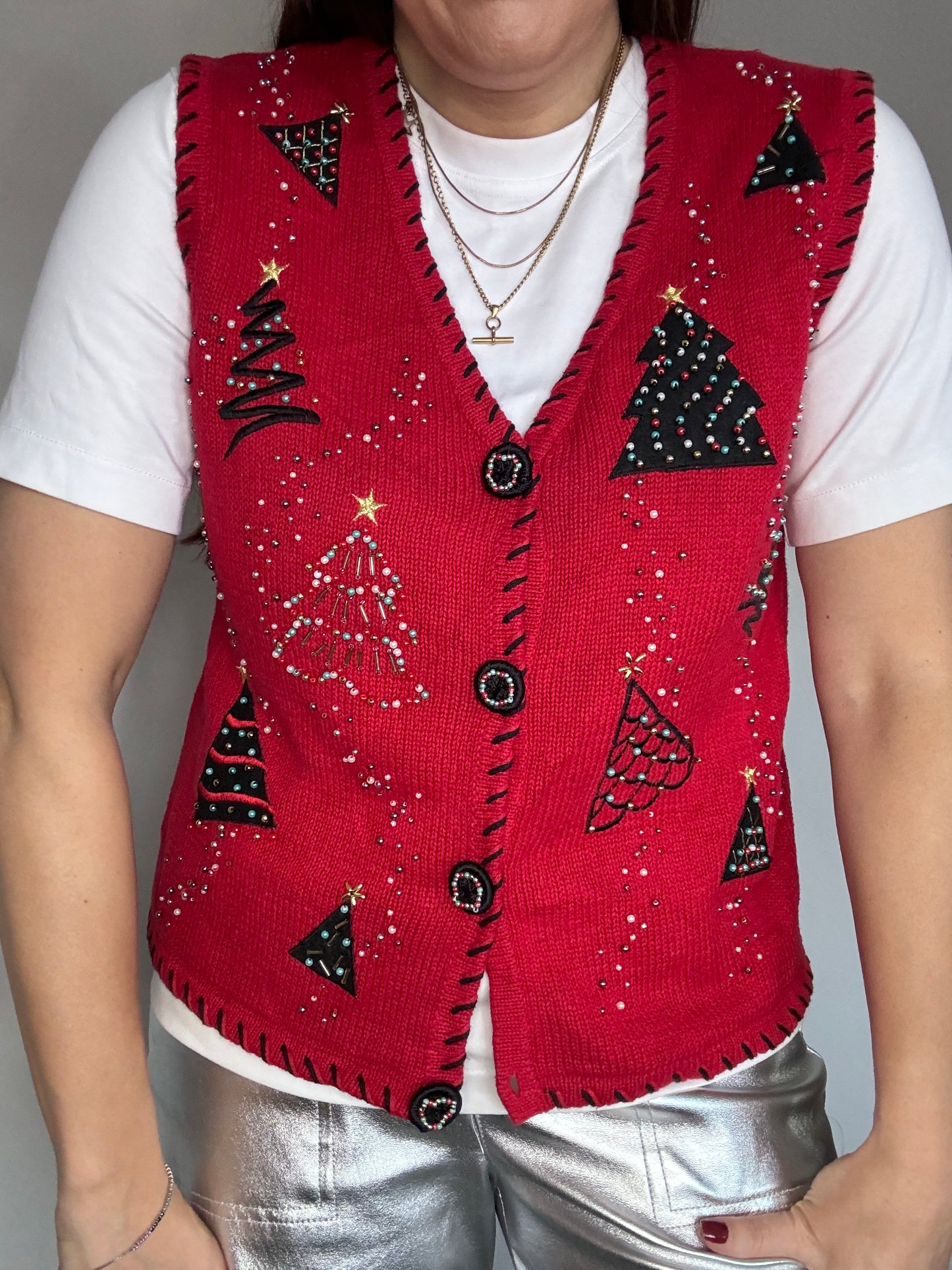 Vintage Christmas Jumper Vest Novelty Knit Red Trees with Beaded Design – Fun Themed Kitsch