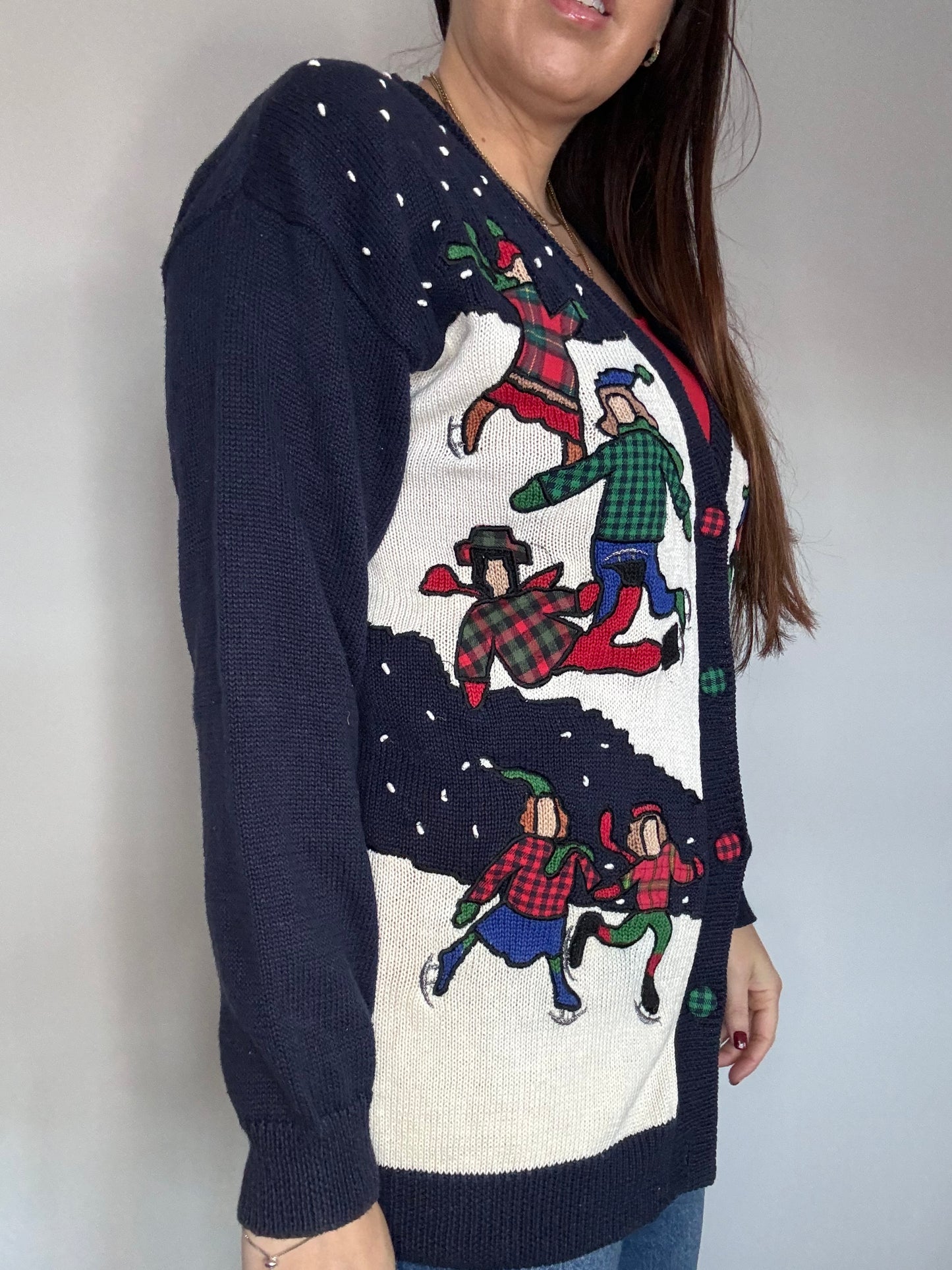 Susan Bristol 1992 rare Vintage Christmas knitted cardigan with ice skating Christmas scene and tartan design