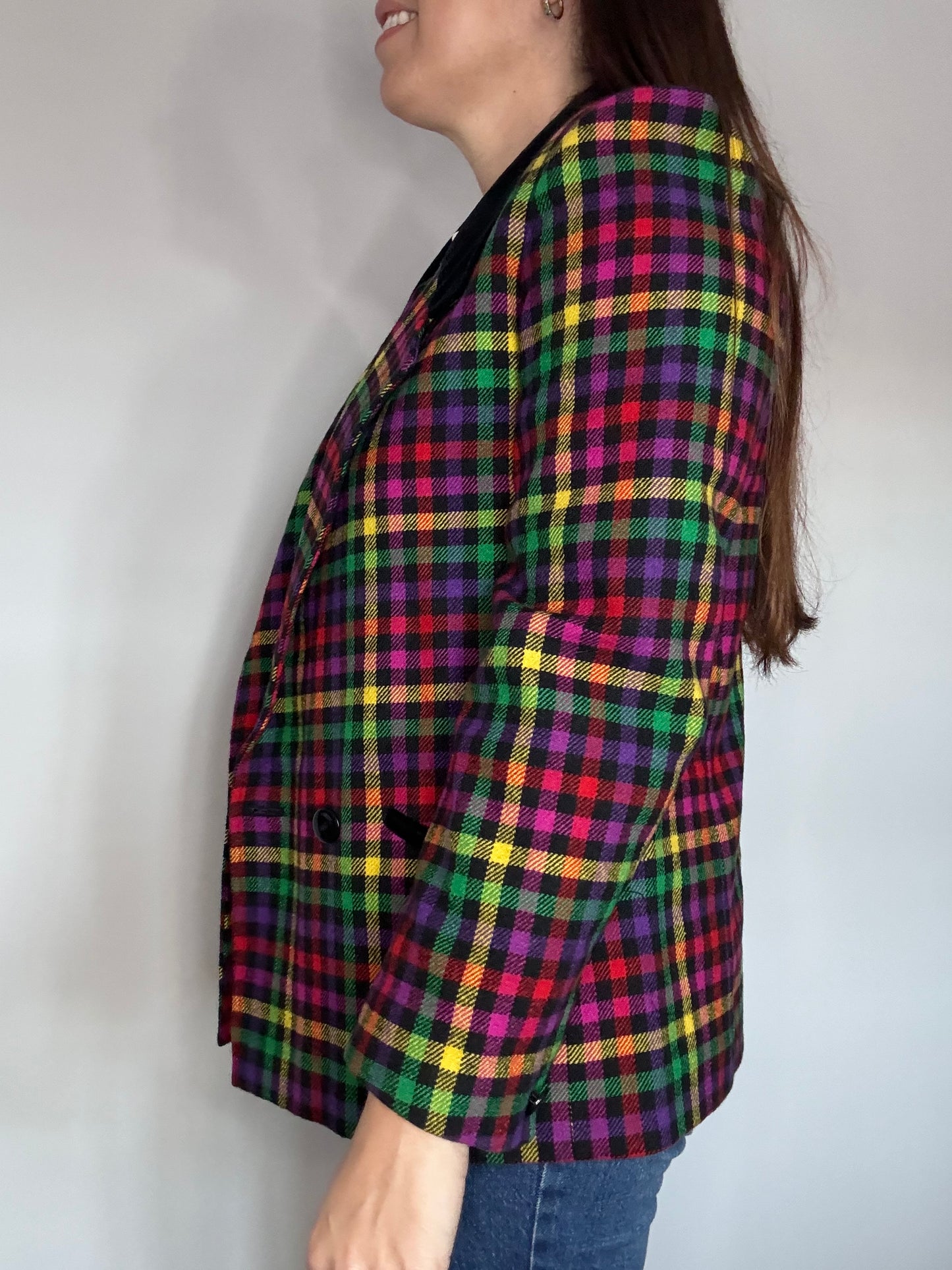 Windsmoor rainbow multicoloured tartan checked jacket with velvet collar