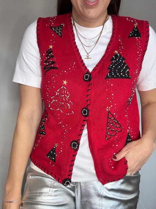 Vintage Christmas Jumper Vest Novelty Knit Red Trees with Beaded Design – Fun Themed Kitsch