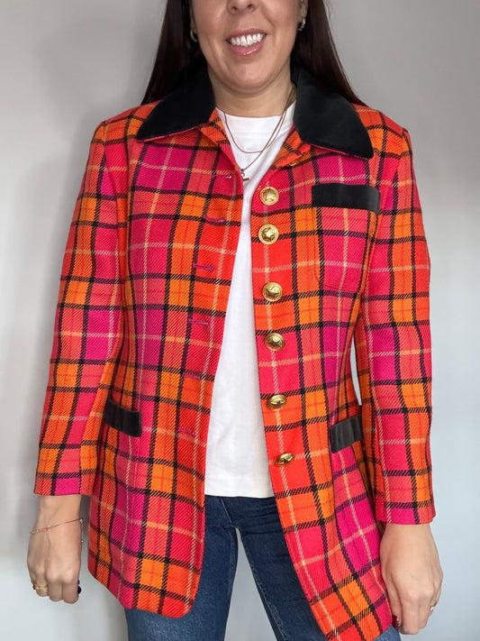 Mondi Vintage Pink and Orange Tartan Checked Jacket with Velvet Collar and pockets details and Gold Buttons