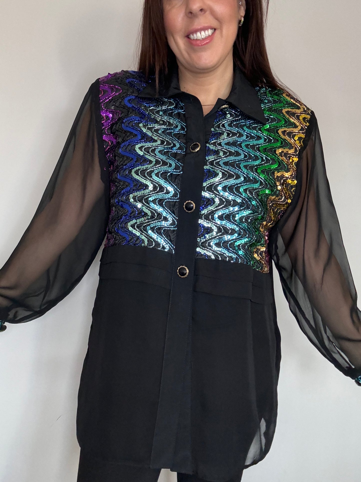 Black sequin party shirt with sheer sleeves