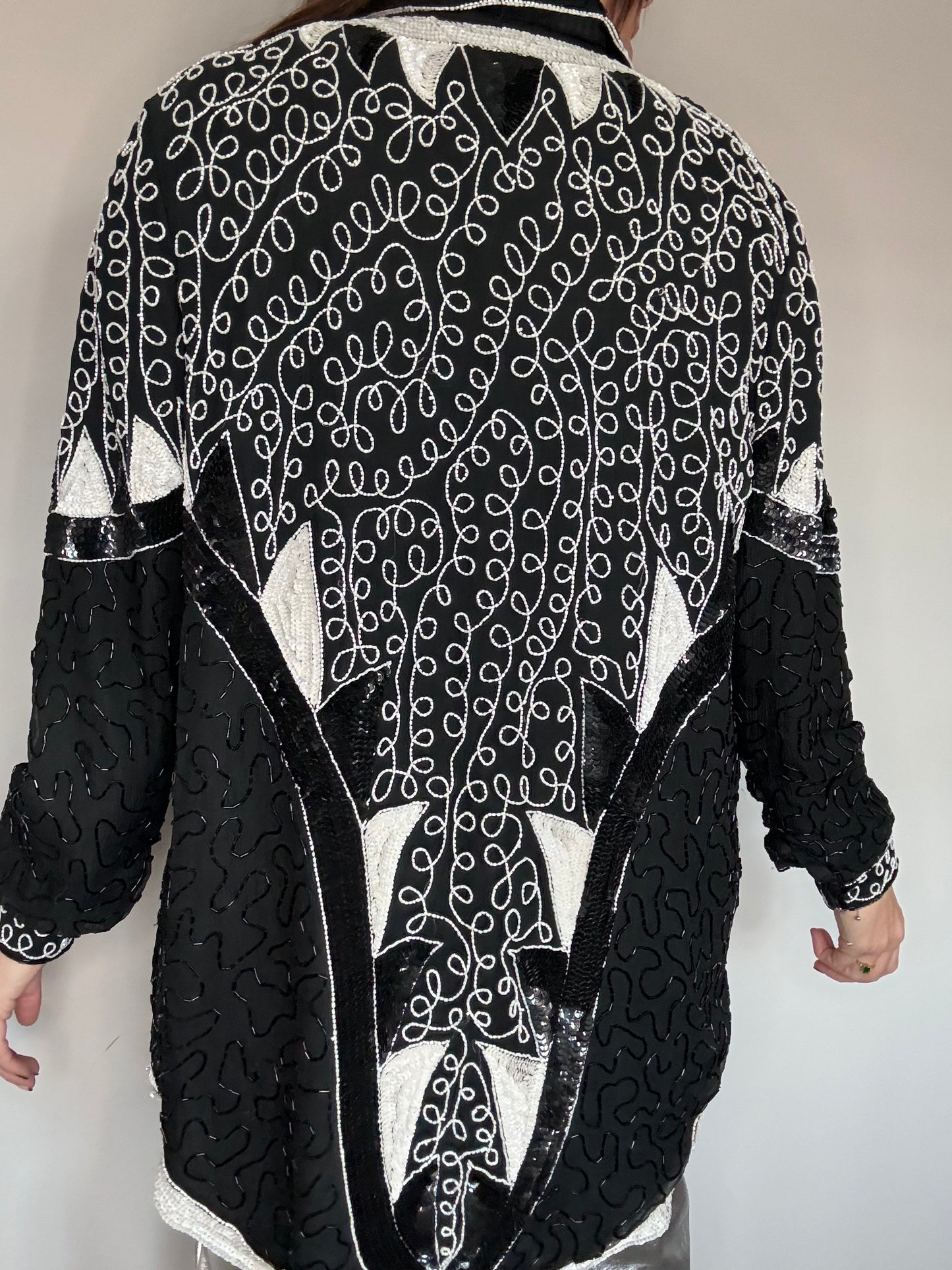 Frank Usher Black and White Classic Oversized Sequin Heavily Beaded statement Shirt statement trophy jacket overshirt