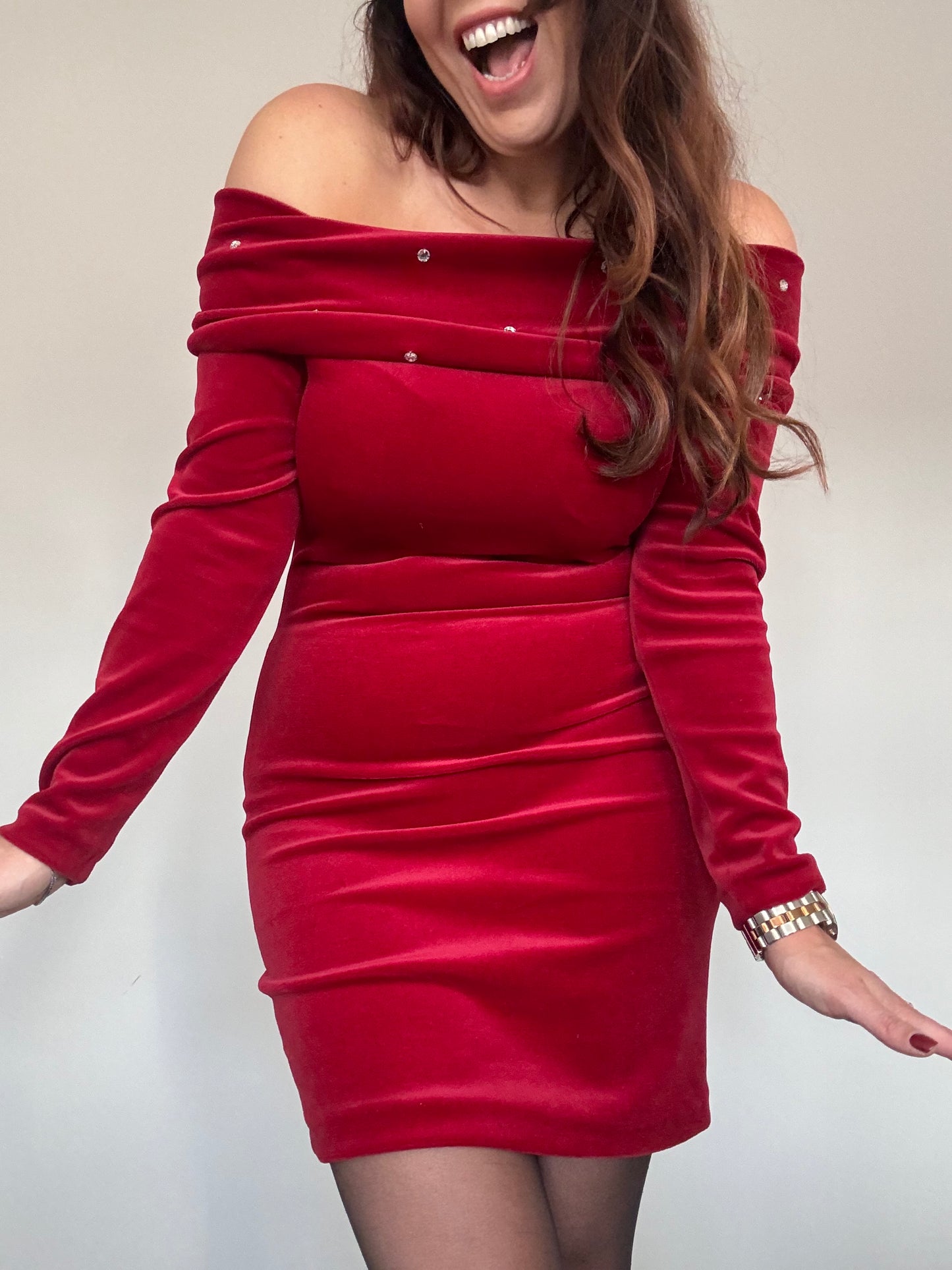 90s Red Velvet Bardot Christmas Party Dress with Sequins – Made in England