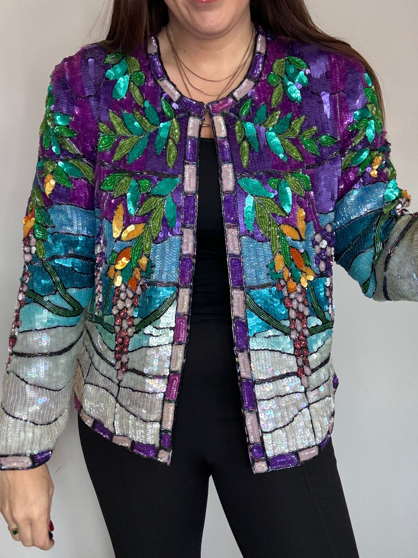 Pasttimes Heavily Beaded Longline Sequin Jacket – Rare Abstract Geometric Floral Design Trophy Jacket