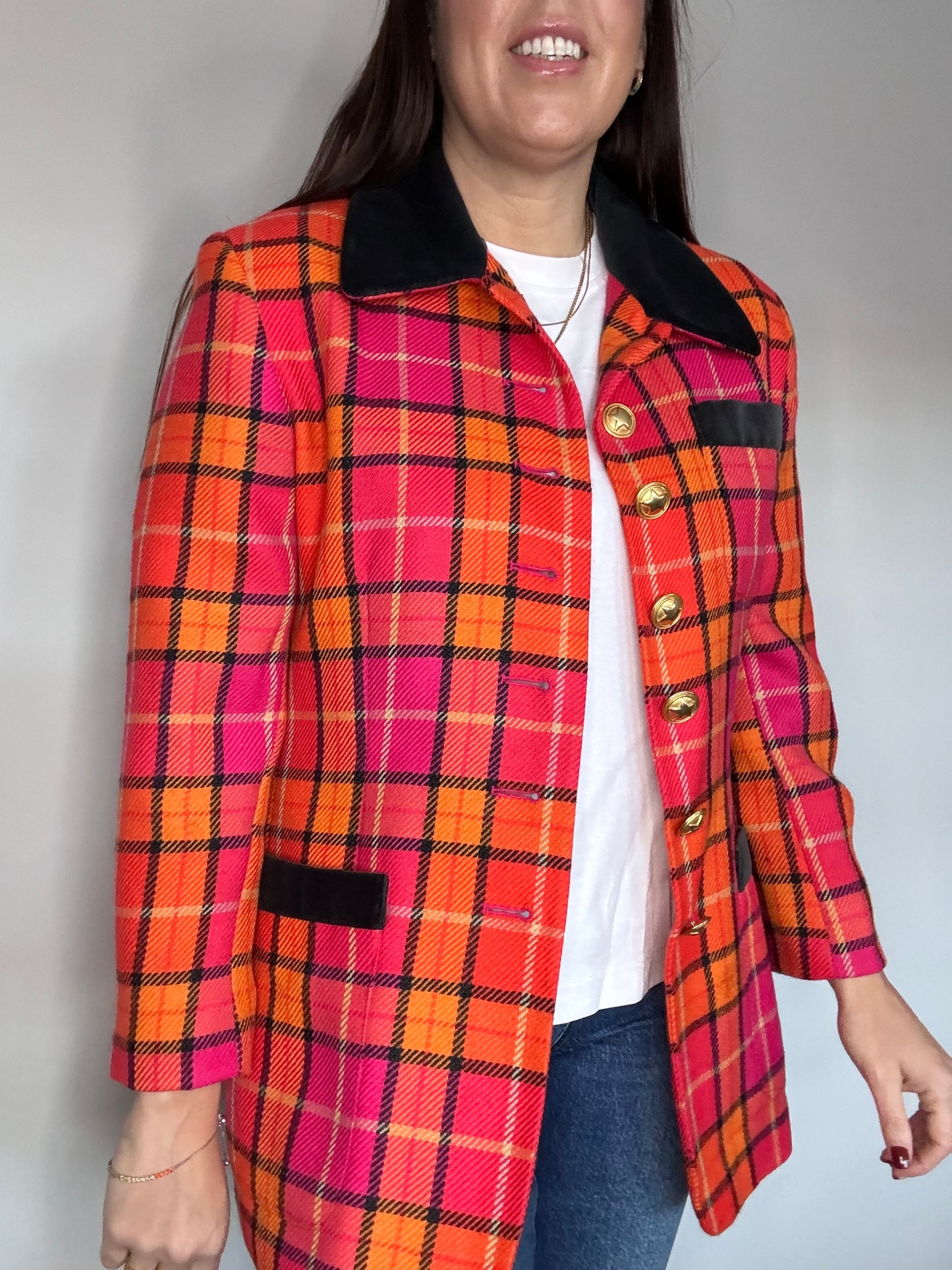 Mondi Vintage Pink and Orange Tartan Checked Jacket with Velvet Collar and pockets details and Gold Buttons