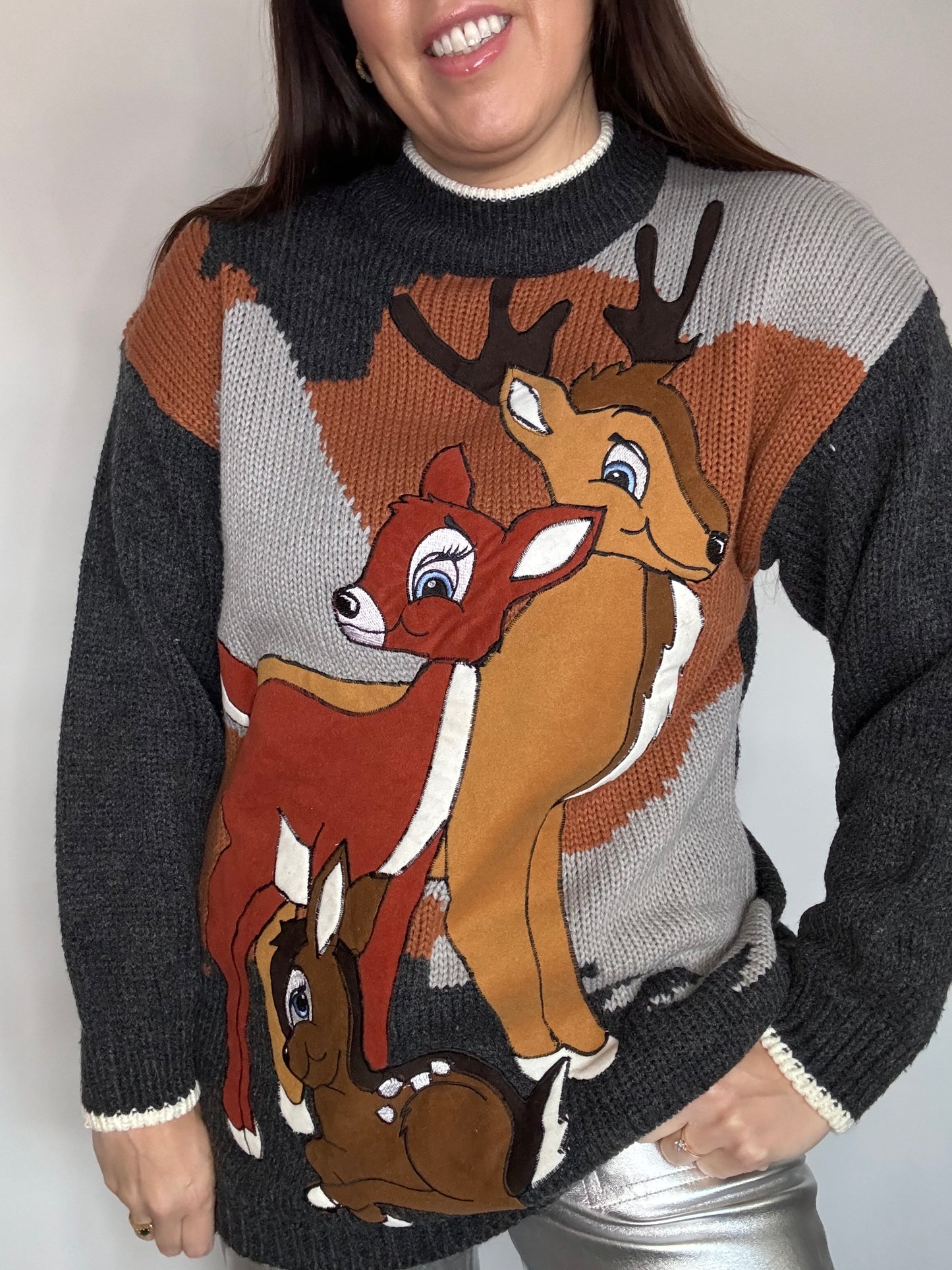 Vintage Novelty Christmas Jumper with Bambi Deer Appliqué – Unique kitsch Sweater