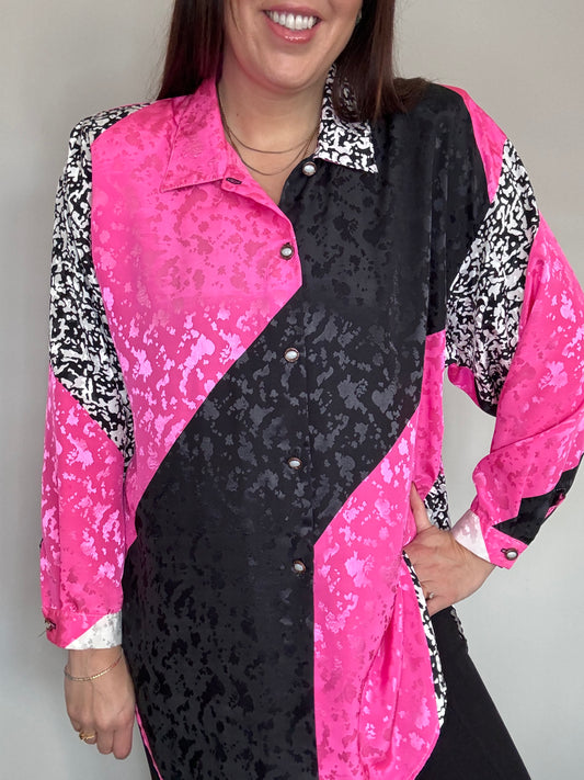 Pink, Black, and White Panelled Shirt with Leopard Animal Print and Gold Buttons