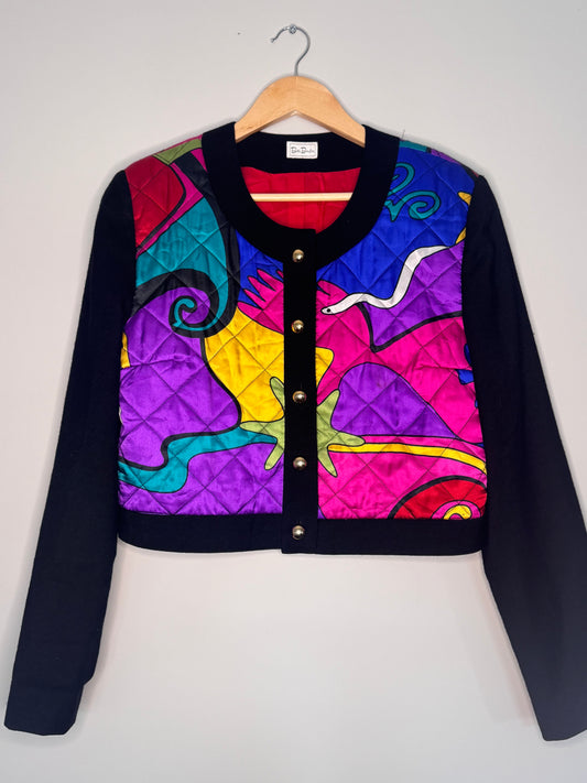 Betty Barclay Cropped Multicoloured Jacket with geometric Snake Print – Vibrant Quilted Vintage Satin Feel