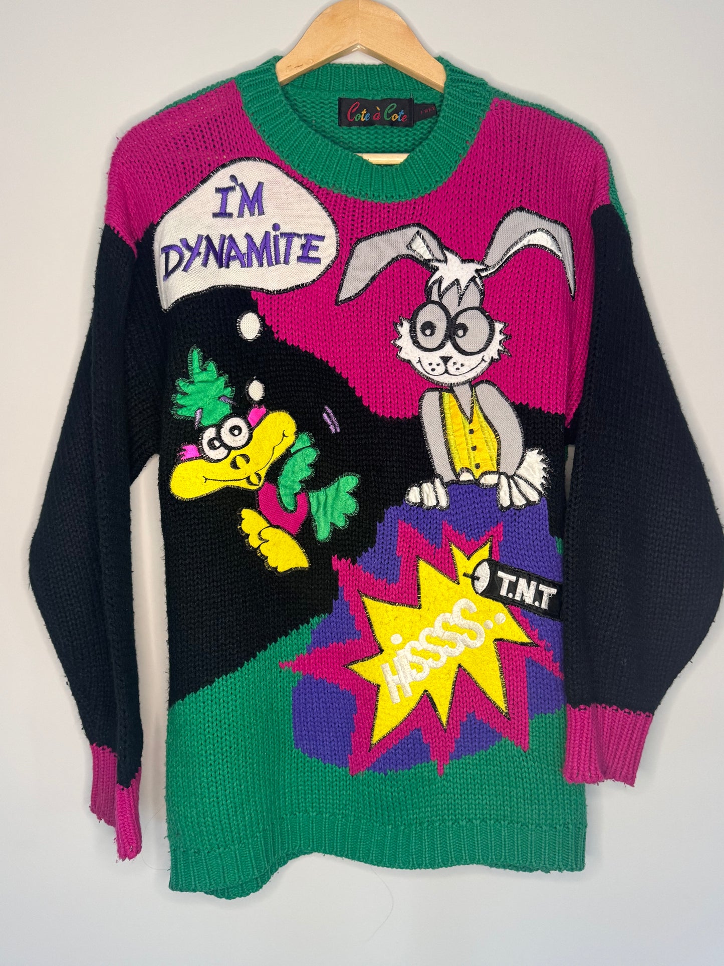 Vintage Novelty Kitsch Jumper with "I'm Dynamite" Slogan and Cartoon Bunny – Fun 80s Bright Colour Knit