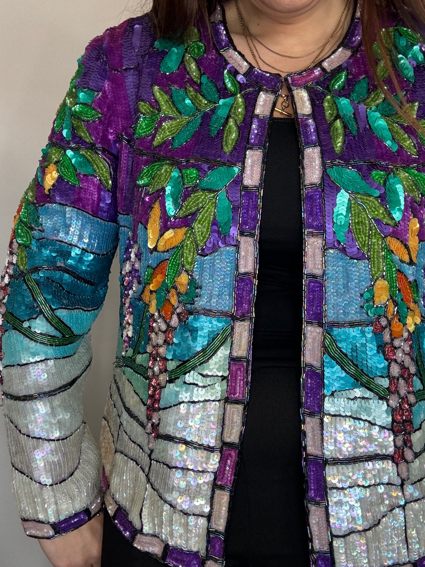 Pasttimes Heavily Beaded Longline Sequin Jacket – Rare Abstract Geometric Floral Design Trophy Jacket