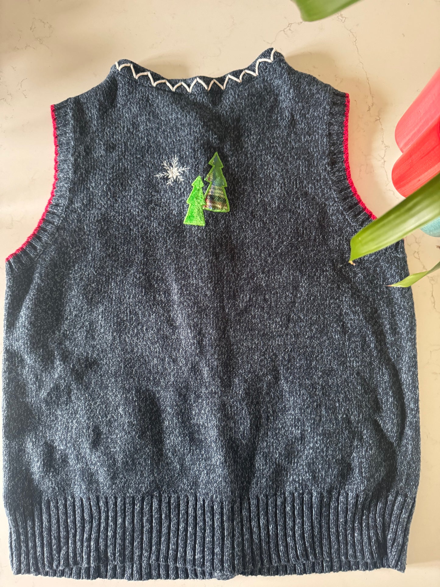 Vintage Christmas Vest with Buttons - Navy with snowman and tree appliqués