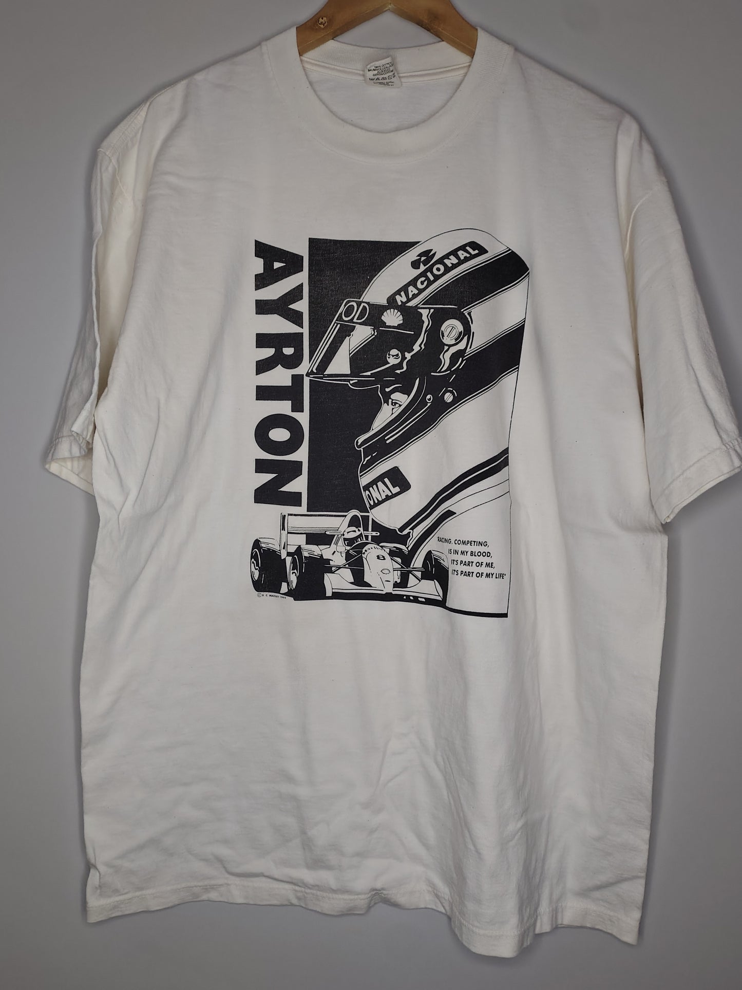 1995 Ayrton Senna cream t-shirt XL Brazil screen print McLaren Lotus Toleman Senninha vintage