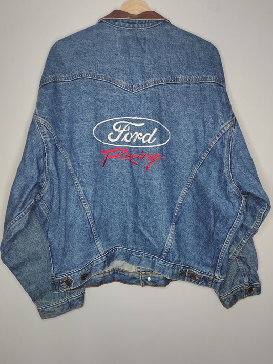 Ford racing denim jacket leather collar XL made in Canada