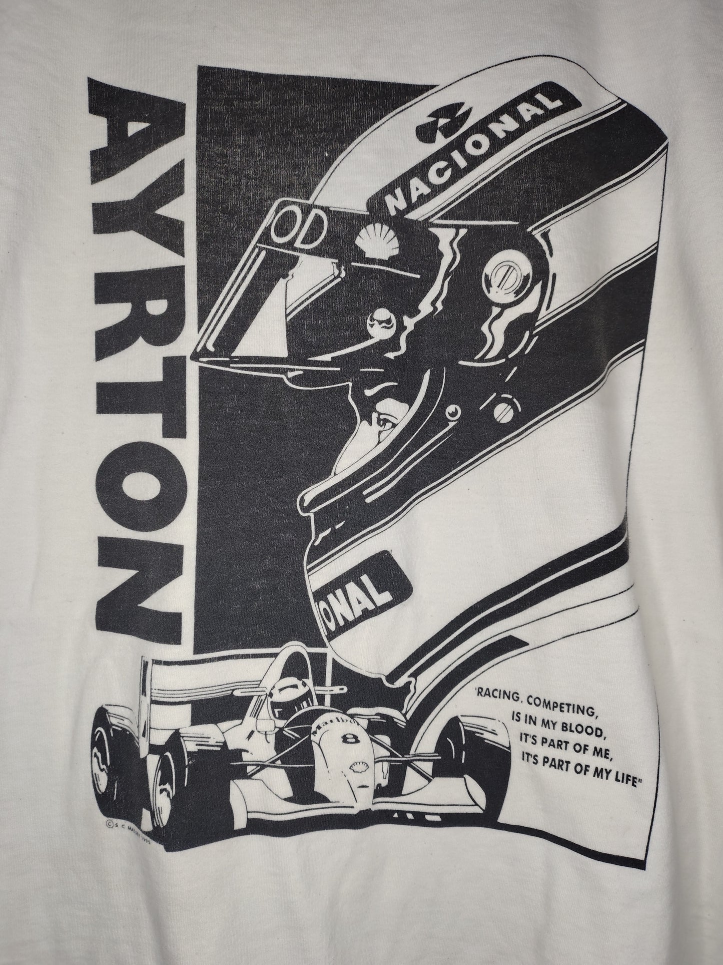 1995 Ayrton Senna cream t-shirt XL Brazil screen print McLaren Lotus Toleman Senninha vintage
