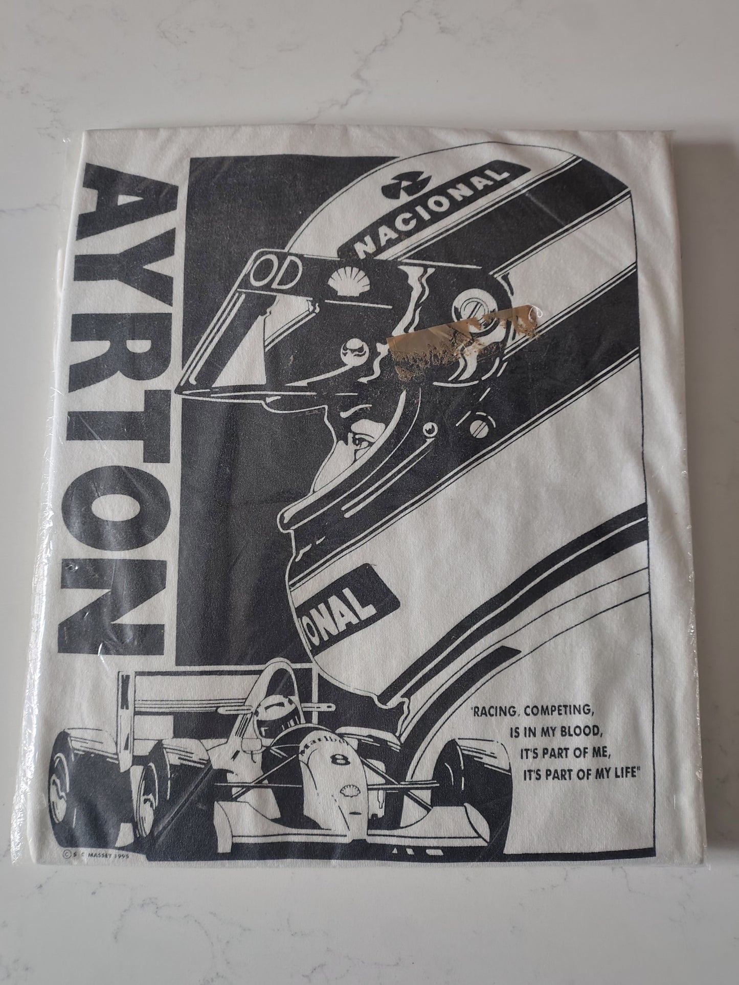 1995 Ayrton Senna cream t-shirt XL Brazil screen print McLaren Lotus Toleman Senninha vintage