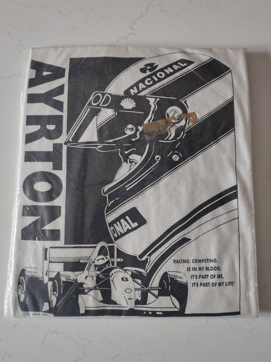 1995 Ayrton Senna cream t-shirt XL Brazil screen print McLaren Lotus Toleman Senninha vintage