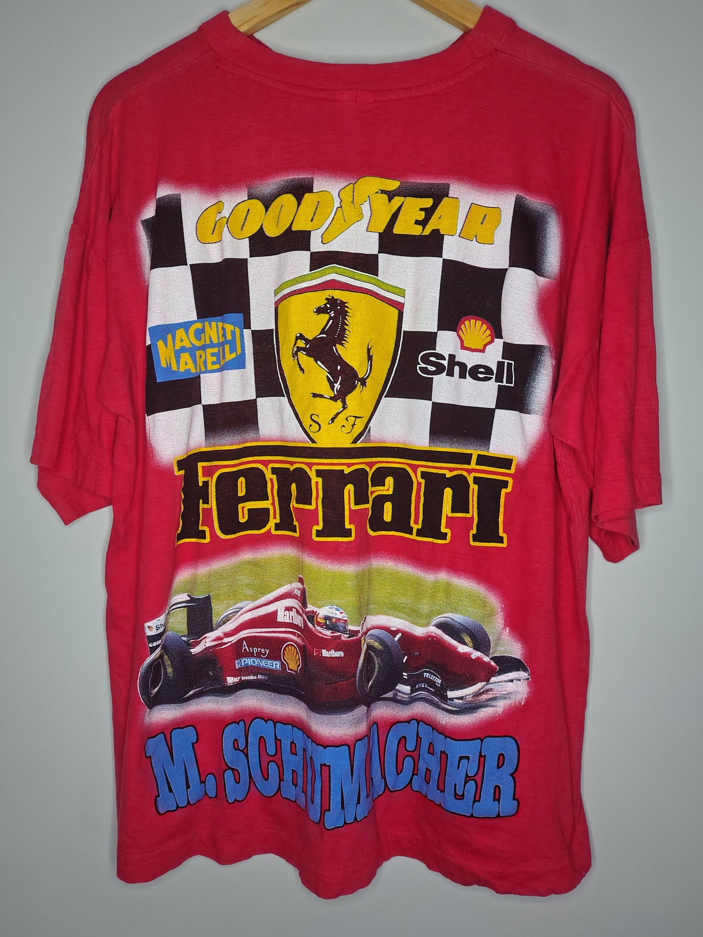 1996 Scuderia Ferrari f310 Michael Schumacher all over print crazy t-shirt single stitch Marlboro rare